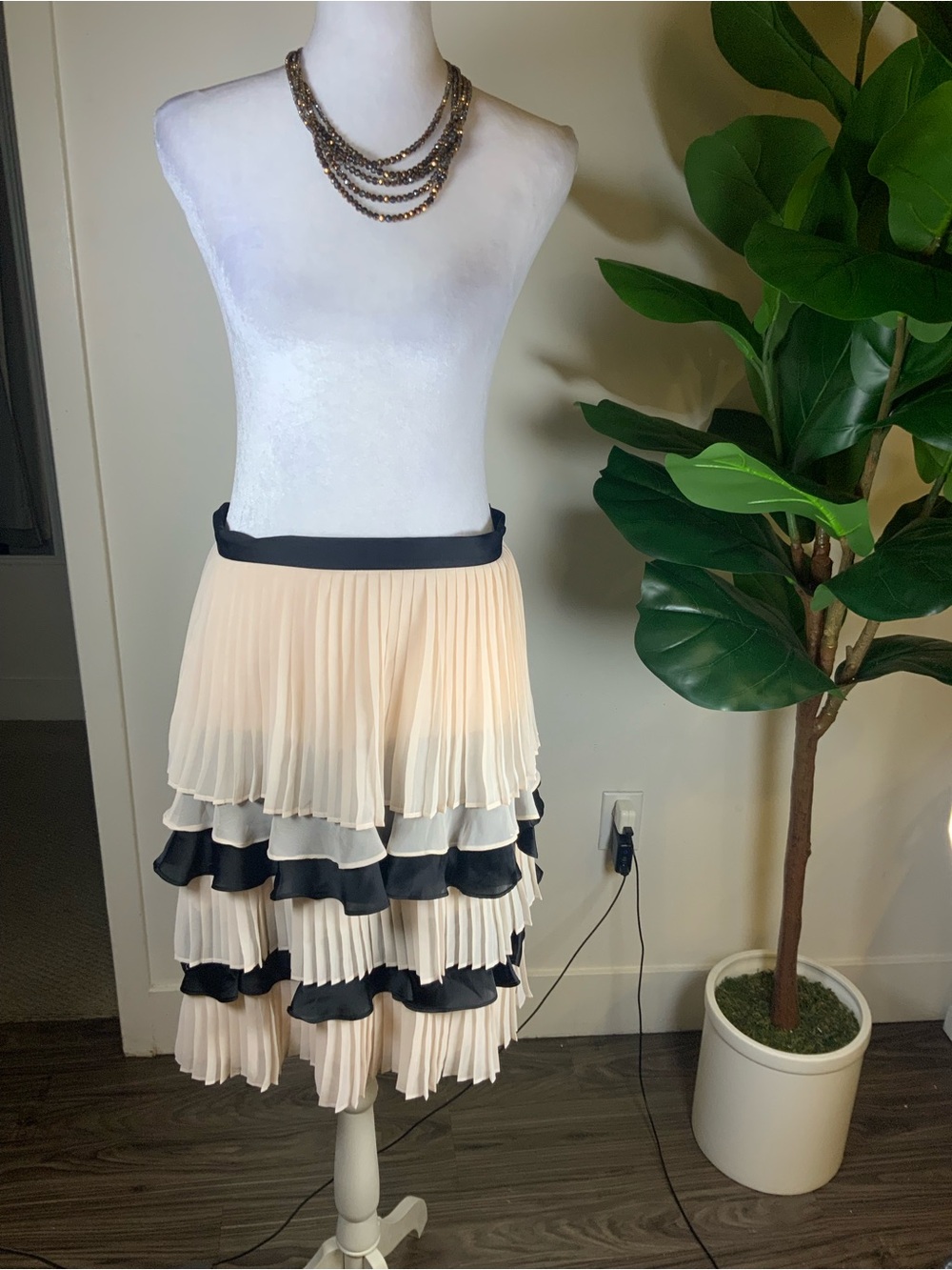Coast Pleated Cream Tiered Skirt with Black Trim